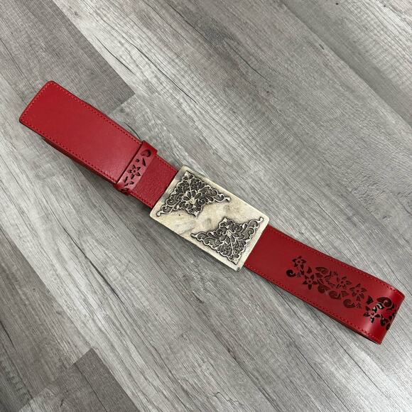 Guido Angeloni Red Leather Belt Statement Buckle Made in Italy Medium - Picture 9 of 10